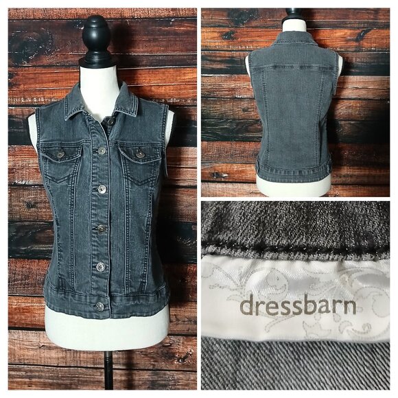 Dressbarn Jean Vest Size M Washed Black Denim Stretch Button Front Pockets - Picture 1 of 10